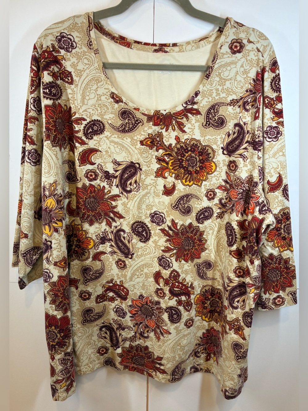 Catherines 2X (22/24W) Floral Paisley Scoop Neck Knit Top Beige Orange